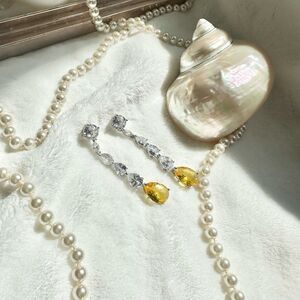 Canary pear cut cubic zirconia tear drop earrings - 2 inches long